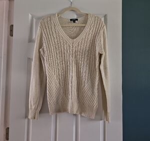 Chaps Cream w/Gold Threading V-Neck Cable Knit Sweater Size L